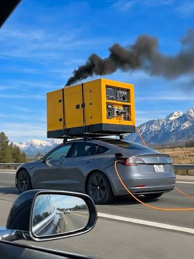 An electric car carrying a smoking generator on its roof.