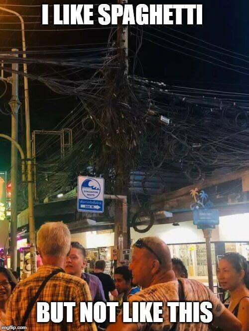 Una maraña de cables sobre la calle.