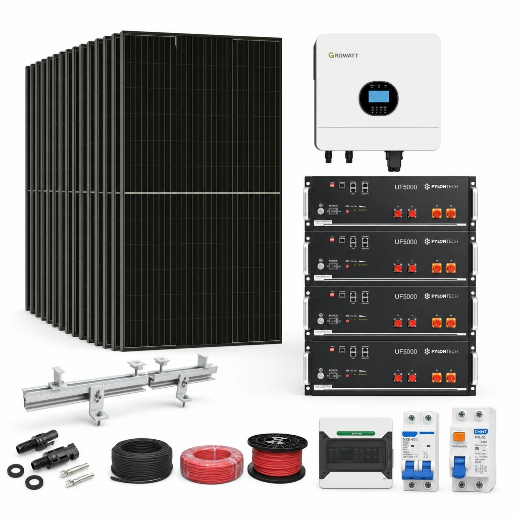 15 Panel solar 580 W, 2 Inversor off-grid 6 kW monofásico, 4 Batería de litio 5,12 kWh, 4 Estructura de aluminio coplanar sobre chapa (kit de 4 paneles), 1 10 pares de conectores MC4, 1 Cable Solar Slocable 6mm2, 1 Cable Solar Slocable 6mm2, 1 Caja de combinación 2 entradas 1 salida 500V con descargador de sobretensiones de CC Tipo II, 1 Int. Termomagnético CHINT NXB-63, In:40A, Icn:6kA, Curva C, 2-polos (6 unidades x caja), 1 Disyuntor Bipolar CHINT NXL, 40A