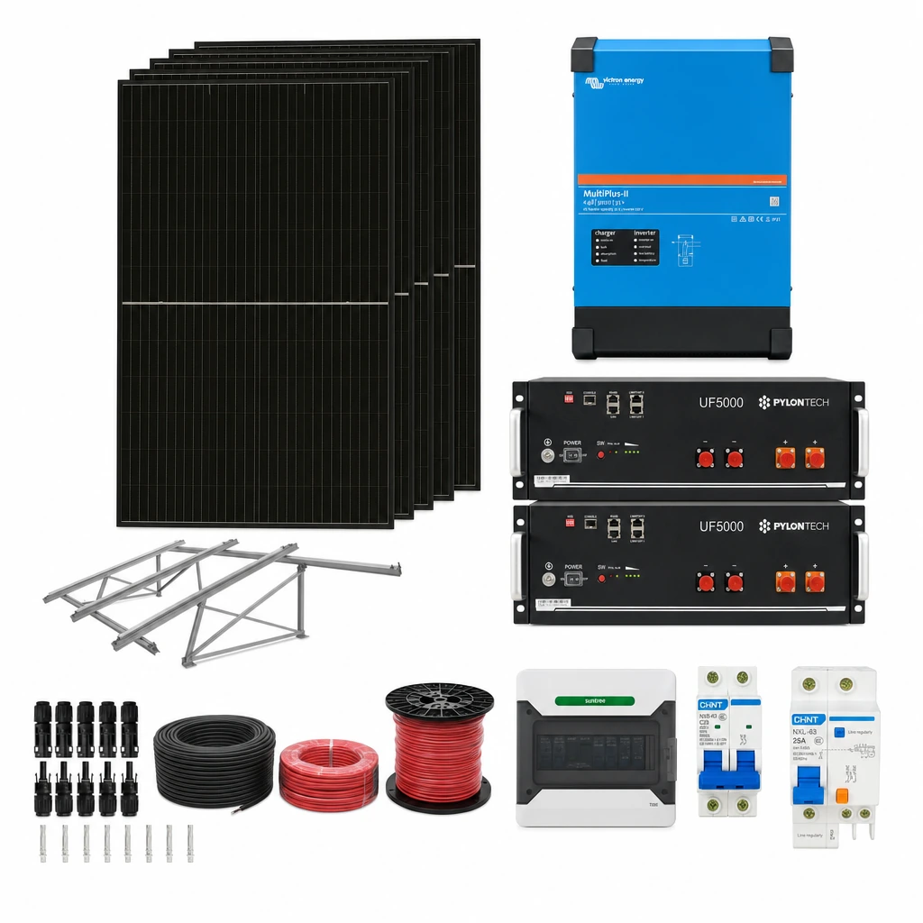 6 Panel solar 580 W, 1 Inversor híbrido 3 kW monofásico, 2 Batería de litio 5,12 kWh, 2 Estructura de aluminio triangular 15–30° (kit de 4 paneles), 1 5 pares de conectores MC4, 1 Cable Solar Slocable 6mm2, 1 Cable Solar Slocable 6mm2, 1 Caja de combinación 2 entradas 1 salida 500V con descargador de sobretensiones de CC Tipo II, 1 Int. Termomagnético CHINT NXB-63, In:25A, Icn:6kA, Curva C, 2-polos (6 unidades x caja), 1 Disyuntor Bipolar CHINT NXL, 25A