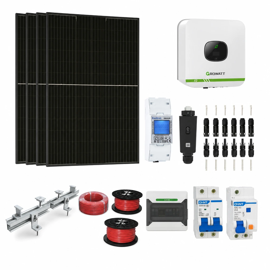 4 Panel solar 580 W, 1 Inversor de red 2 kW monofásico, 1 Estructura de aluminio coplanar sobre chapa (kit de 4 paneles), 1 Medidor de inyección monofásico, 1 Monitoreo wifi, 1 5 pares de conectores MC4, 1 Cable Solar Slocable 6mm2, 1 Cable Solar Slocable 6mm2, 1 Caja de combinación 2 entradas 1 salida 500V con descargador de sobretensiones de CC Tipo II, 1 Int. Termomagnético CHINT NXB-63, In:16A, Icn:6kA, Curva C, 2-polos (6 unidades x caja), 1 Disyuntor Bipolar CHINT NXL, 25A