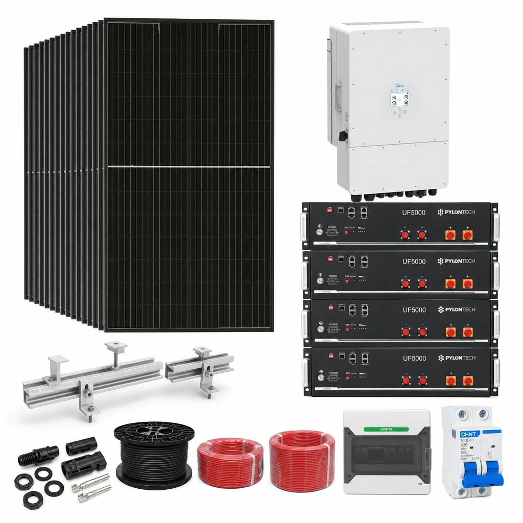 15 Panel solar 580 W, 1 Inversor híbrido 8 kW monofásico, 4 Batería de litio 5,12 kWh, 4 Estructura de aluminio coplanar sobre chapa (kit de 4 paneles), 1 10 pares de conectores MC4, 1 Cable Solar Slocable 6mm2, 1 Cable Solar Slocable 6mm2, 1 Caja de combinación 2 entradas 1 salida 500V con descargador de sobretensiones de CC Tipo II, 1 Int. Termomagnético CHINT NXB-63, In:50A, Icn:6kA, Curva C, 2-polos (6 unidades x caja)