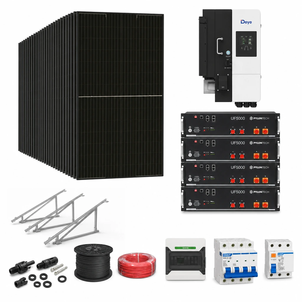 28 Panel solar 580 W, 1 Inversor híbrido 15 kW trifásico, 4 Batería de litio 5,12 kWh, 7 Estructura de aluminio triangular 15–30° (kit de 4 paneles), 1 50 pares de conectores MC4, 1 Cable Solar Slocable 6mm2, 1 Cable Solar Slocable 6mm2, 1 Caja de combinación 2 entradas 1 salida 500V con descargador de sobretensiones de CC Tipo II, 1 Int. Termomagnético CHINT NXB-63, In:32A, Icn:6kA, Curva C, 4-polos (3 unidades x caja), 1 Disyuntor Tetrapolar CHINT NXL, 40A