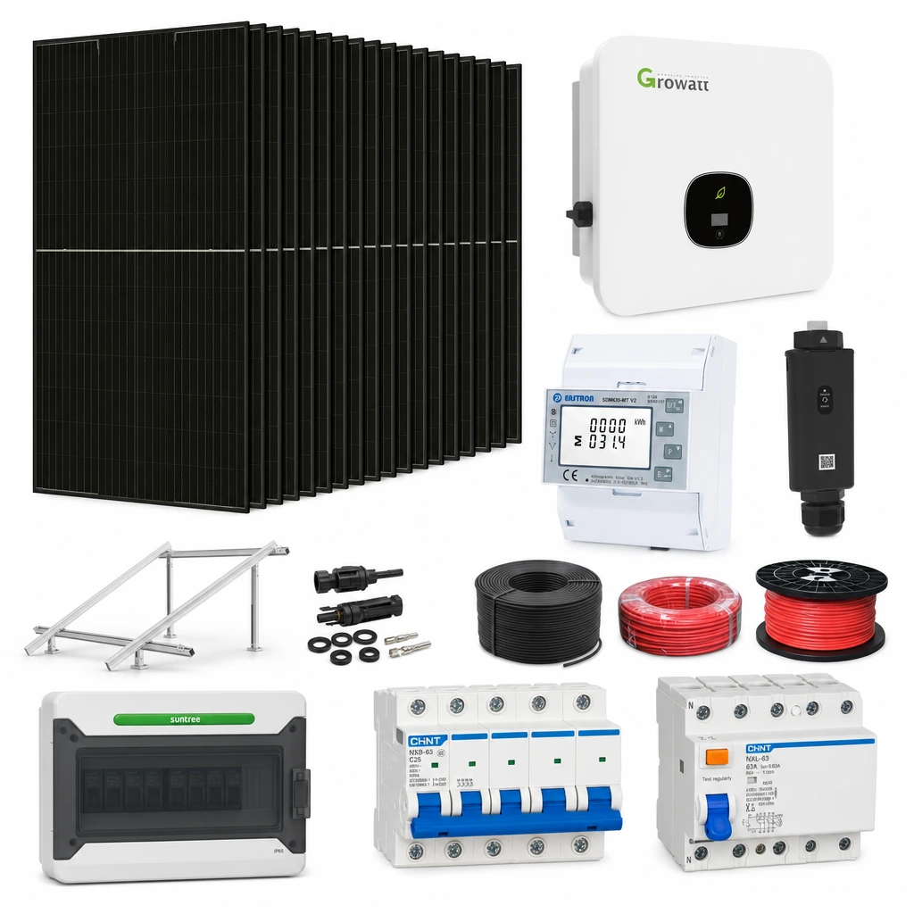 19 Panel solar 580 W, 1 Inversor de red 10 kW trifásico, 5 Estructura de aluminio triangular 15–30° (kit de 4 paneles), 1 Medidor de inyección trifásico, 1 Monitoreo wifi, 1 10 pares de conectores MC4, 1 Cable Solar Slocable 6mm2, 1 Cable Solar Slocable 6mm2, 1 Caja de combinación 2 entradas 1 salida 500V con descargador de sobretensiones de CC Tipo II, 1 Int. Termomagnético CHINT NXB-63, In:25A, Icn:6kA, Curva C, 4-polos (3 unidades x caja), 1 Disyuntor Tetrapolar CHINT NXL, 25A