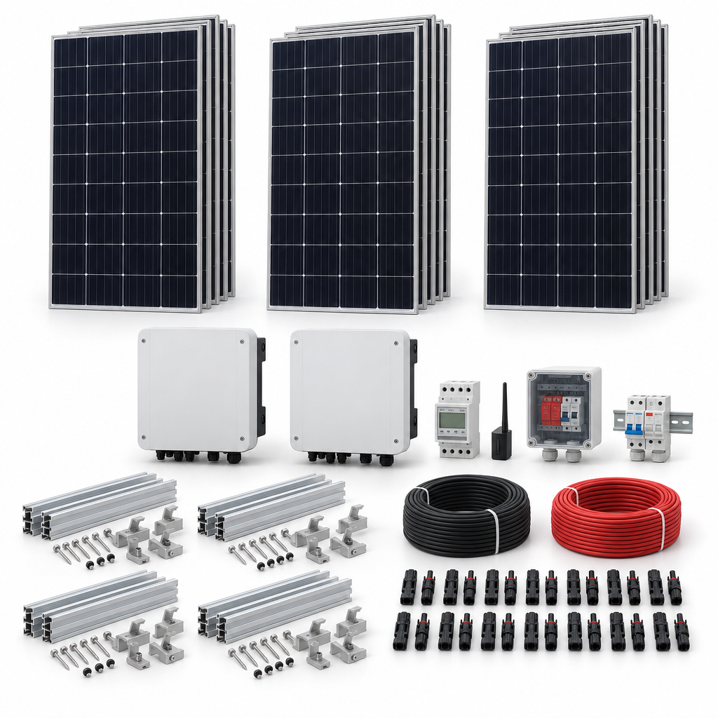 15 Panel solar 580 W, 2 Inversor de red 6 kW monofásico, 4 Estructura de aluminio coplanar sobre chapa (kit de 4 paneles), 1 Medidor de inyección monofásico, 1 Monitoreo wifi, 1 10 pares de conectores MC4, 1 Cable Solar Slocable 6mm2, 1 Cable Solar Slocable 6mm2, 1 Caja de combinación 2 entradas 1 salida 500V con descargador de sobretensiones de CC Tipo II, 1 Int. Termomagnético CHINT NXB-63, In:40A, Icn:6kA, Curva C, 2-polos (6 unidades x caja), 1 Disyuntor Bipolar CHINT NXL, 40A
