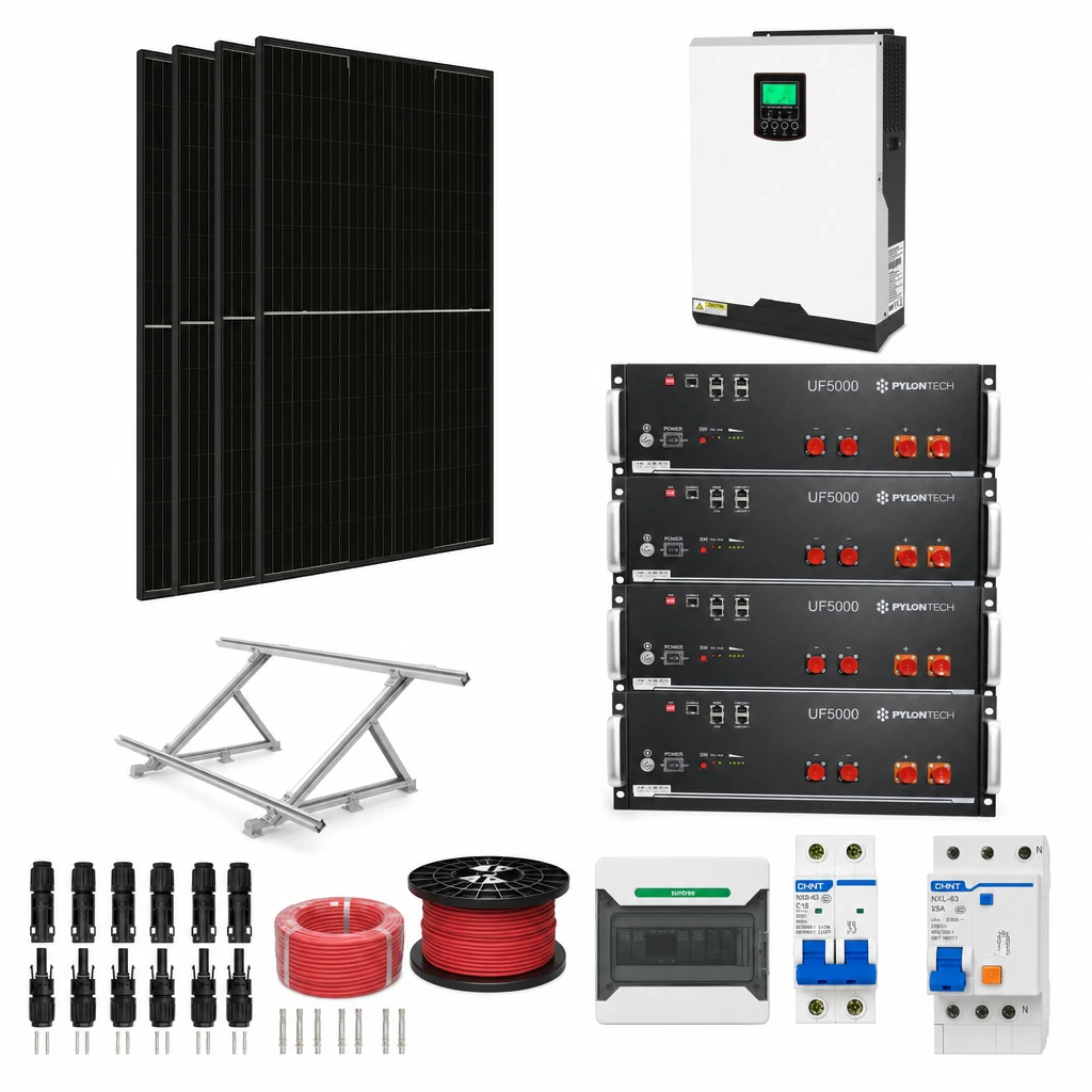 4 Panel solar 580 W, 1 Inversor off-grid 2 kW monofásico, 4 Batería de litio 5,12 kWh, 1 Estructura de aluminio triangular 15–30° (kit de 4 paneles), 1 5 pares de conectores MC4, 1 Cable Solar Slocable 6mm2, 1 Cable Solar Slocable 6mm2, 1 Caja de combinación 2 entradas 1 salida 500V con descargador de sobretensiones de CC Tipo II, 1 Int. Termomagnético CHINT NXB-63, In:16A, Icn:6kA, Curva C, 2-polos (6 unidades x caja), 1 Disyuntor Bipolar CHINT NXL, 25A