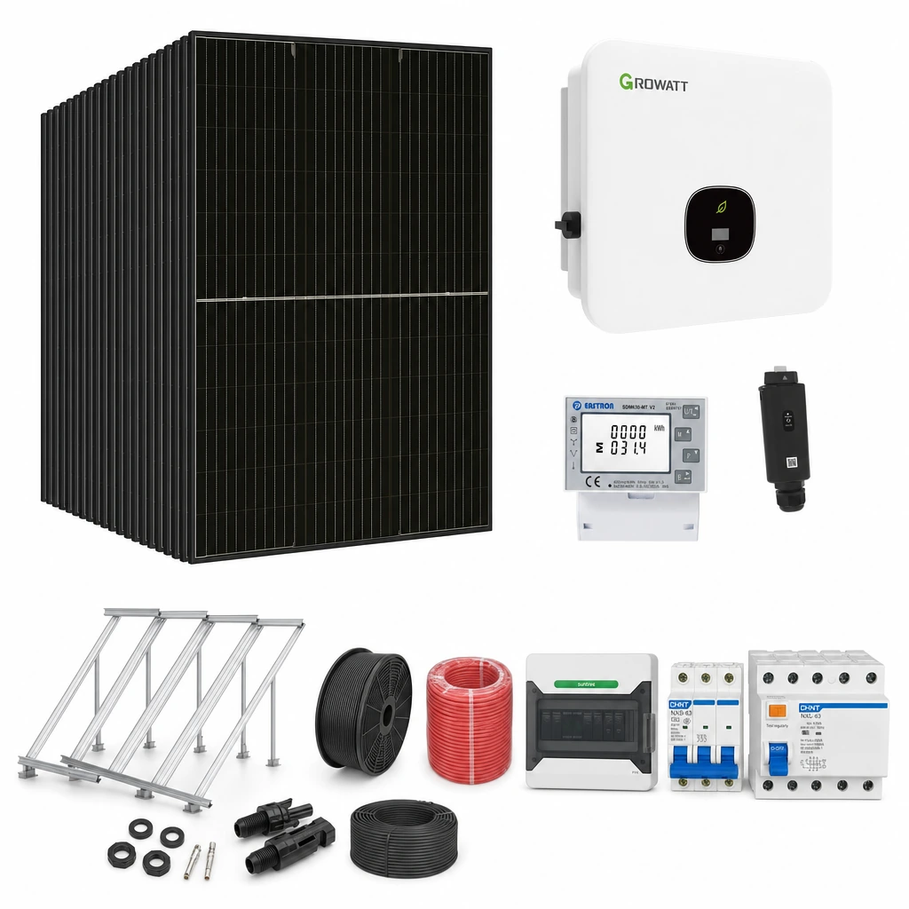 28 Panel solar 580 W, 1 Inversor de red 15 kW trifásico, 7 Estructura de aluminio triangular 15–30° (kit de 4 paneles), 1 Medidor de inyección trifásico, 1 Monitoreo wifi, 1 50 pares de conectores MC4, 1 Cable Solar Slocable 6mm2, 1 Cable Solar Slocable 6mm2, 1 Caja de combinación 2 entradas 1 salida 500V con descargador de sobretensiones de CC Tipo II, 1 Int. Termomagnético CHINT NXB-63, In:32A, Icn:6kA, Curva C, 4-polos (3 unidades x caja), 1 Disyuntor Tetrapolar CHINT NXL, 40A