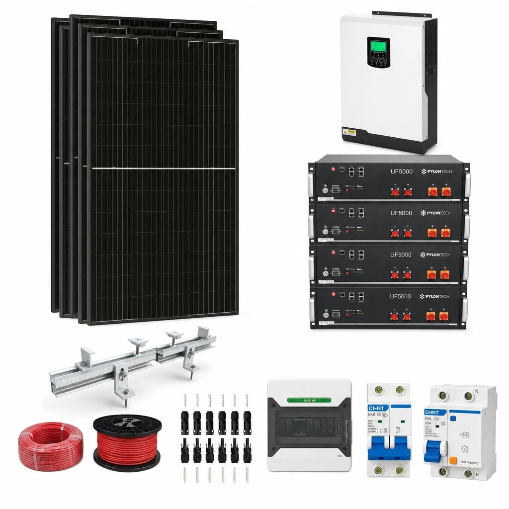 4 Panel solar 580 W, 1 Inversor off-grid 2 kW monofásico, 4 Batería de litio 5,12 kWh, 1 Estructura de aluminio coplanar sobre chapa (kit de 4 paneles), 1 5 pares de conectores MC4, 1 Cable Solar Slocable 6mm2, 1 Cable Solar Slocable 6mm2, 1 Caja de combinación 2 entradas 1 salida 500V con descargador de sobretensiones de CC Tipo II, 1 Int. Termomagnético CHINT NXB-63, In:16A, Icn:6kA, Curva C, 2-polos (6 unidades x caja), 1 Disyuntor Bipolar CHINT NXL, 25A
