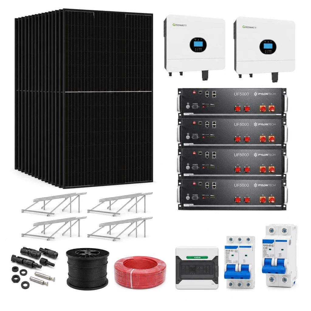 15 Panel solar 580 W, 2 Inversor off-grid 6 kW monofásico, 4 Batería de litio 5,12 kWh, 4 Estructura de aluminio triangular 15–30° (kit de 4 paneles), 1 10 pares de conectores MC4, 1 Cable Solar Slocable 6mm2, 1 Cable Solar Slocable 6mm2, 1 Caja de combinación 2 entradas 1 salida 500V con descargador de sobretensiones de CC Tipo II, 1 Int. Termomagnético CHINT NXB-63, In:40A, Icn:6kA, Curva C, 2-polos (6 unidades x caja), 1 Disyuntor Bipolar CHINT NXL, 40A