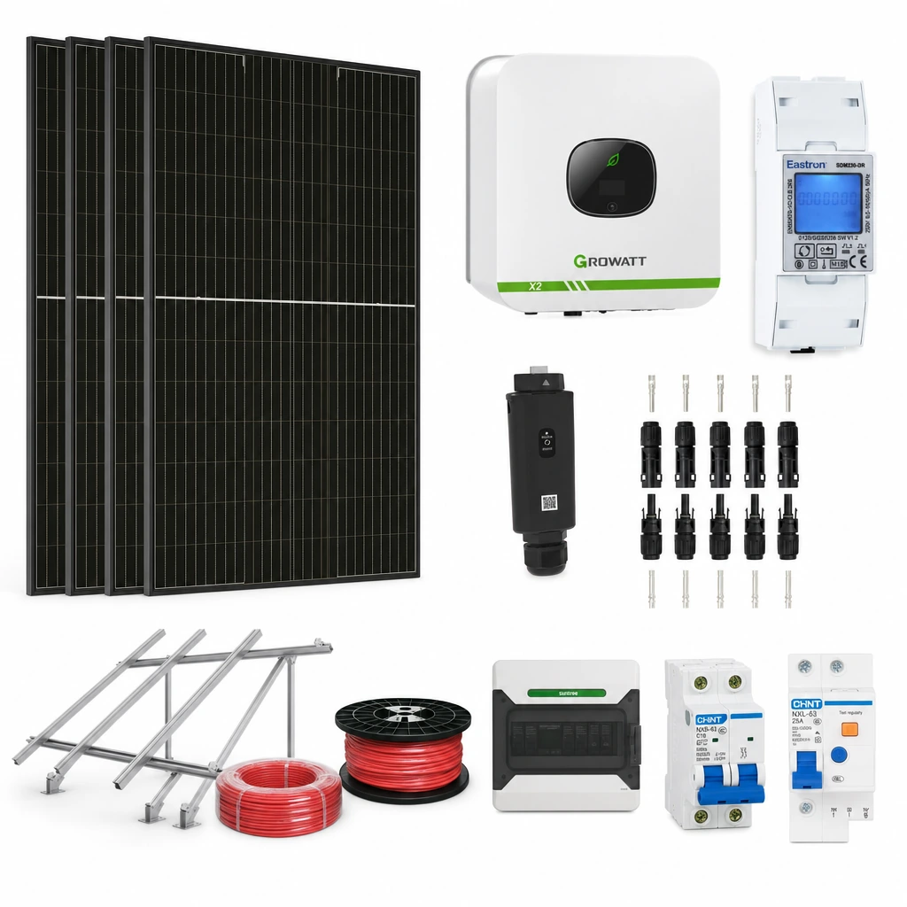 4 Panel solar 580 W, 1 Inversor de red 2 kW monofásico, 1 Estructura de aluminio triangular 15–30° (kit de 4 paneles), 1 Medidor de inyección monofásico, 1 Monitoreo wifi, 1 5 pares de conectores MC4, 1 Cable Solar Slocable 6mm2, 1 Cable Solar Slocable 6mm2, 1 Caja de combinación 2 entradas 1 salida 500V con descargador de sobretensiones de CC Tipo II, 1 Int. Termomagnético CHINT NXB-63, In:16A, Icn:6kA, Curva C, 2-polos (6 unidades x caja), 1 Disyuntor Bipolar CHINT NXL, 25A
