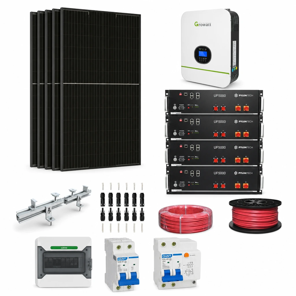 6 Panel solar 580 W, 1 Inversor off-grid 3 kW monofásico, 4 Batería de litio 5,12 kWh, 2 Estructura de aluminio coplanar sobre chapa (kit de 4 paneles), 1 5 pares de conectores MC4, 1 Cable Solar Slocable 6mm2, 1 Cable Solar Slocable 6mm2, 1 Caja de combinación 2 entradas 1 salida 500V con descargador de sobretensiones de CC Tipo II, 1 Int. Termomagnético CHINT NXB-63, In:25A, Icn:6kA, Curva C, 2-polos (6 unidades x caja), 1 Disyuntor Bipolar CHINT NXL, 25A