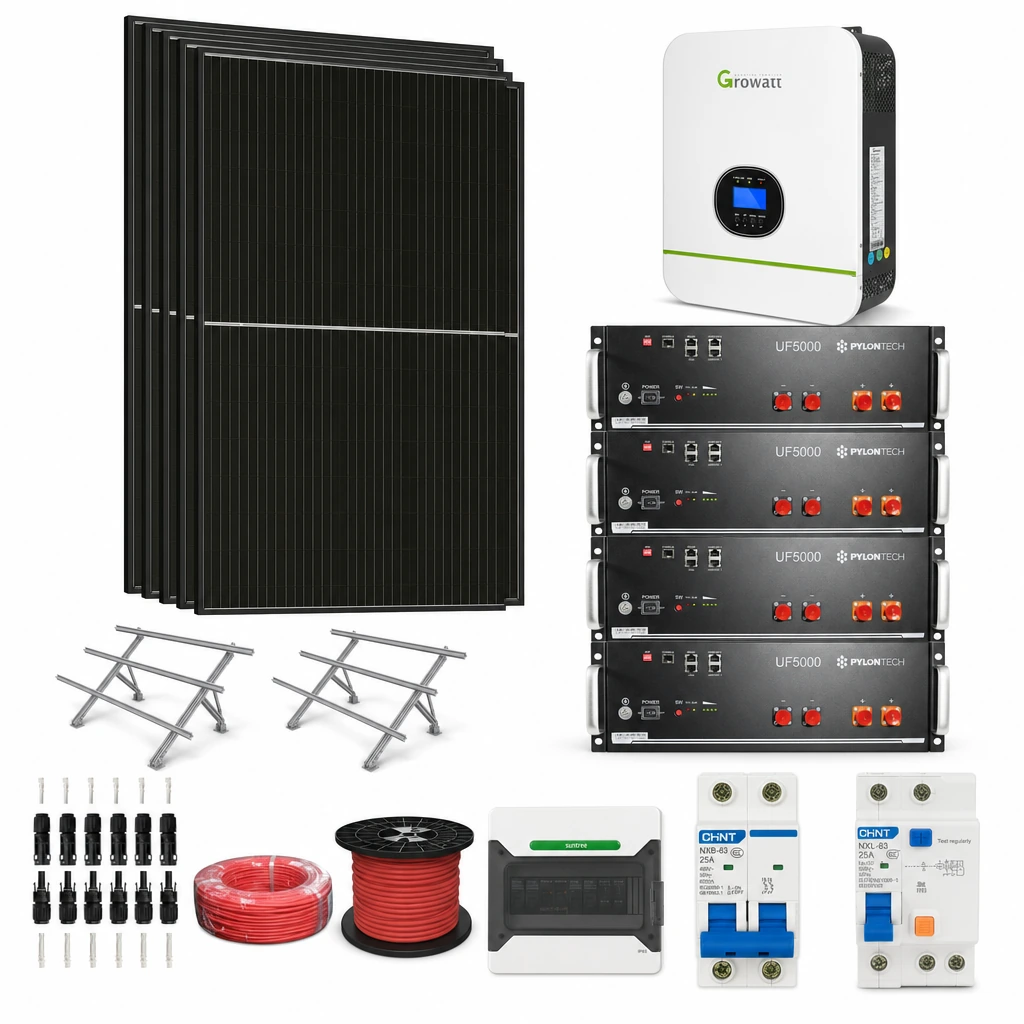 6 Panel solar 580 W, 1 Inversor off-grid 3 kW monofásico, 4 Batería de litio 5,12 kWh, 2 Estructura de aluminio triangular 15–30° (kit de 4 paneles), 1 5 pares de conectores MC4, 1 Cable Solar Slocable 6mm2, 1 Cable Solar Slocable 6mm2, 1 Caja de combinación 2 entradas 1 salida 500V con descargador de sobretensiones de CC Tipo II, 1 Int. Termomagnético CHINT NXB-63, In:25A, Icn:6kA, Curva C, 2-polos (6 unidades x caja), 1 Disyuntor Bipolar CHINT NXL, 25A