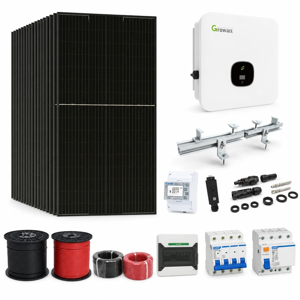 19 Panel solar 580 W, 1 Inversor de red 10 kW trifásico, 5 Estructura de aluminio coplanar sobre chapa (kit de 4 paneles), 1 Medidor de inyección trifásico, 1 Monitoreo wifi, 1 10 pares de conectores MC4, 1 Cable Solar Slocable 6mm2, 1 Cable Solar Slocable 6mm2, 1 Caja de combinación 2 entradas 1 salida 500V con descargador de sobretensiones de CC Tipo II, 1 Int. Termomagnético CHINT NXB-63, In:25A, Icn:6kA, Curva C, 4-polos (3 unidades x caja), 1 Disyuntor Tetrapolar CHINT NXL, 25A