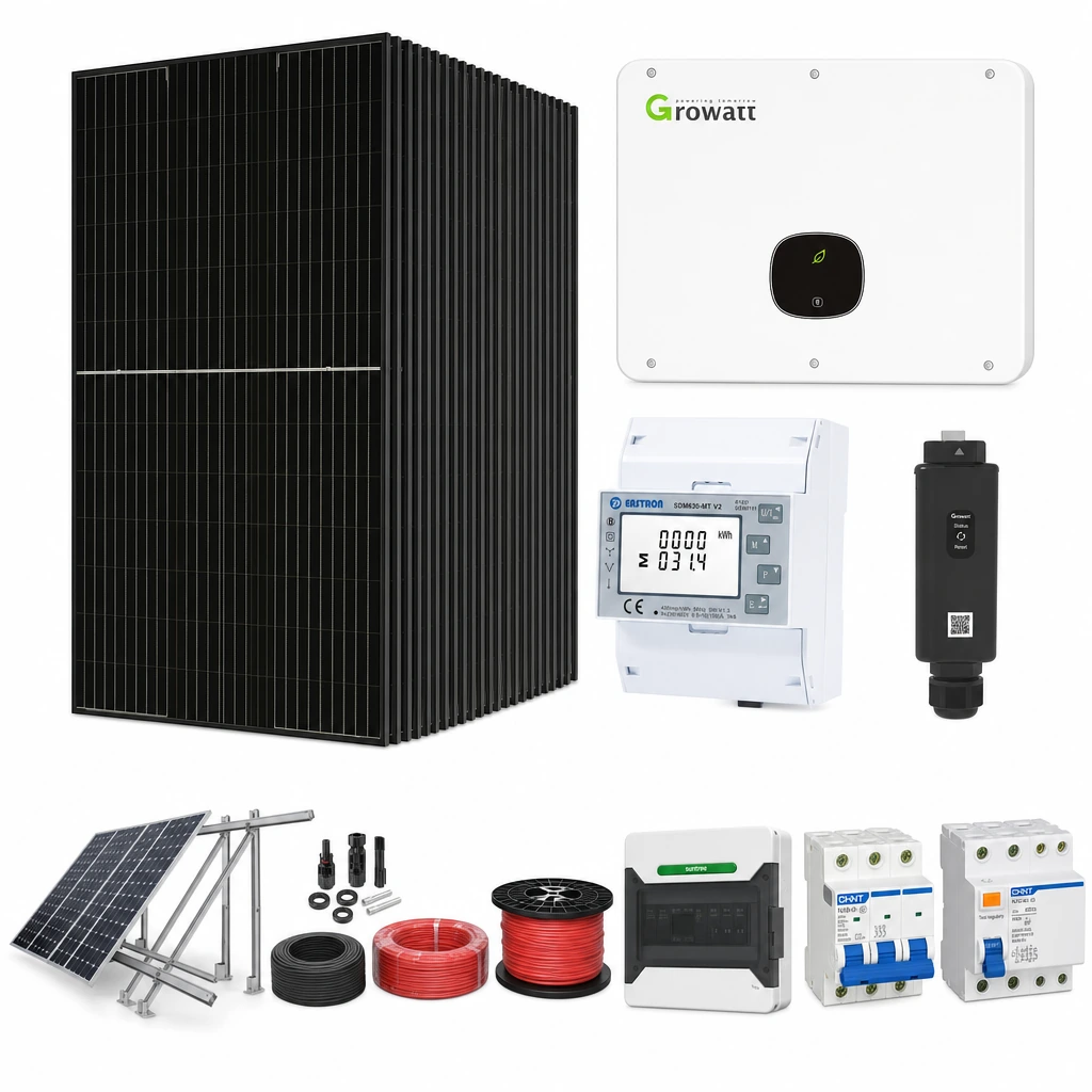 38 Panel solar 580 W, 1 Inversor de red 20 kW trifásico, 10 Estructura de aluminio triangular 15–30° (kit de 4 paneles), 1 Medidor de inyección trifásico, 1 Monitoreo wifi, 1 50 pares de conectores MC4, 1 Cable Solar Slocable 6mm2, 1 Cable Solar Slocable 6mm2, 1 Caja de combinación 2 entradas 1 salida 500V con descargador de sobretensiones de CC Tipo II, 1 Int. Termomagnético CHINT NXB-63, In:40A, Icn:6kA, Curva C, 4-polos (3 unidades x caja), 1 Disyuntor Tetrapolar CHINT NXL, 40A