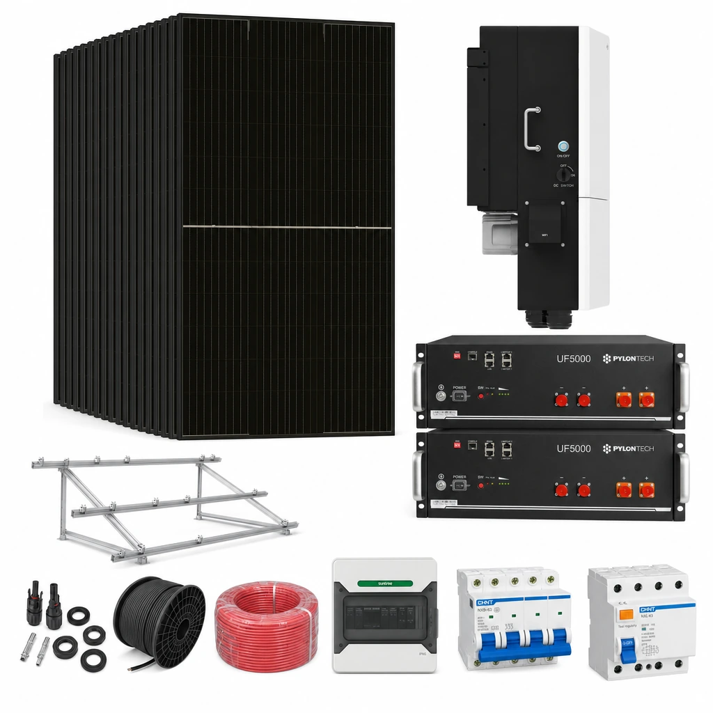 38 Panel solar 580 W, 1 Inversor híbrido 20 kW trifásico, 2 Batería de litio 5,12 kWh, 10 Estructura de aluminio triangular 15–30° (kit de 4 paneles), 1 50 pares de conectores MC4, 1 Cable Solar Slocable 6mm2, 1 Cable Solar Slocable 6mm2, 1 Caja de combinación 2 entradas 1 salida 500V con descargador de sobretensiones de CC Tipo II, 1 Int. Termomagnético CHINT NXB-63, In:40A, Icn:6kA, Curva C, 4-polos (3 unidades x caja), 1 Disyuntor Tetrapolar CHINT NXL, 40A