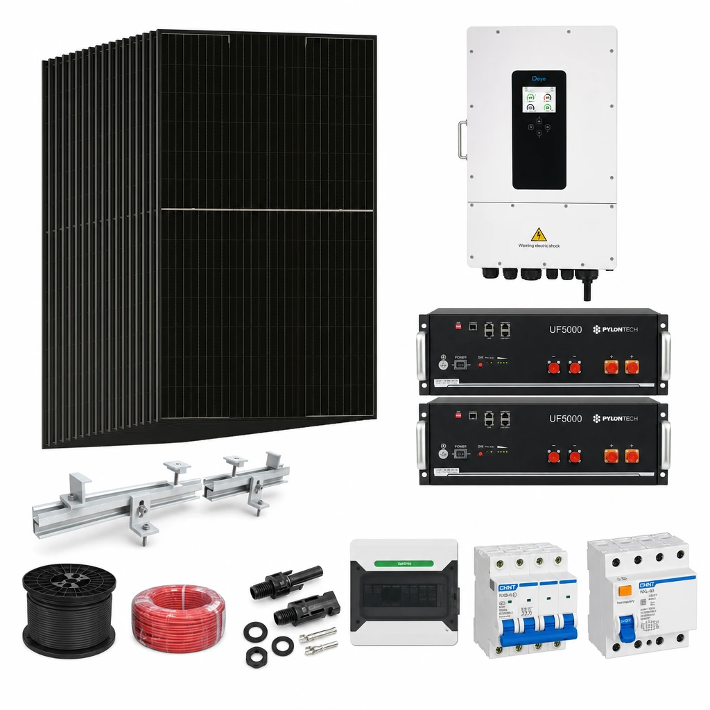 28 Panel solar 580 W, 1 Inversor híbrido 15 kW trifásico, 2 Batería de litio 5,12 kWh, 7 Estructura de aluminio coplanar sobre chapa (kit de 4 paneles), 1 50 pares de conectores MC4, 1 Cable Solar Slocable 6mm2, 1 Cable Solar Slocable 6mm2, 1 Caja de combinación 2 entradas 1 salida 500V con descargador de sobretensiones de CC Tipo II, 1 Int. Termomagnético CHINT NXB-63, In:32A, Icn:6kA, Curva C, 4-polos (3 unidades x caja), 1 Disyuntor Tetrapolar CHINT NXL, 40A