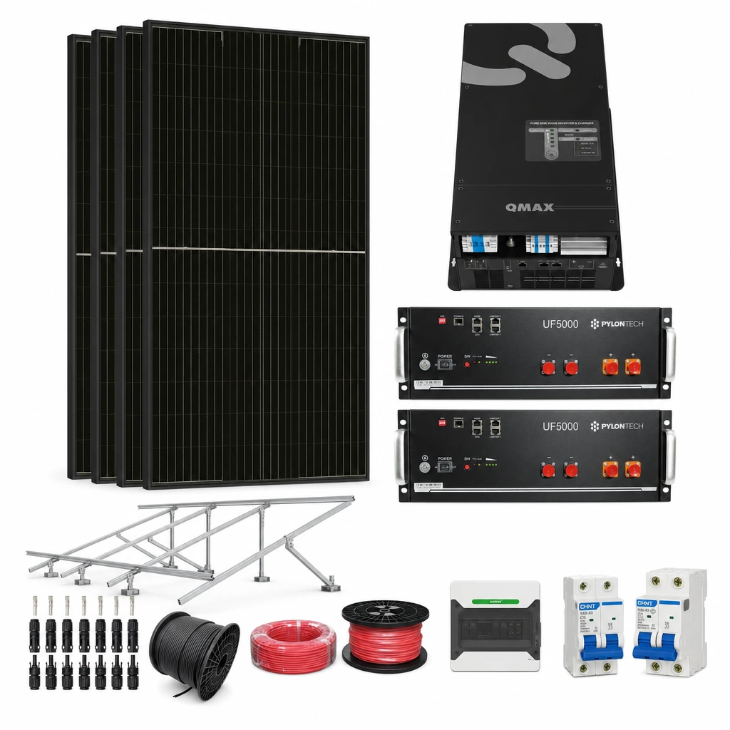 4 Panel solar 580 W, 1 Inversor híbrido 2 kW monofásico, 2 Batería de litio 5,12 kWh, 1 Estructura de aluminio triangular 15–30° (kit de 4 paneles), 1 5 pares de conectores MC4, 1 Cable Solar Slocable 6mm2, 1 Cable Solar Slocable 6mm2, 1 Caja de combinación 2 entradas 1 salida 500V con descargador de sobretensiones de CC Tipo II, 1 Int. Termomagnético CHINT NXB-63, In:16A, Icn:6kA, Curva C, 2-polos (6 unidades x caja), 1 Disyuntor Bipolar CHINT NXL, 25A