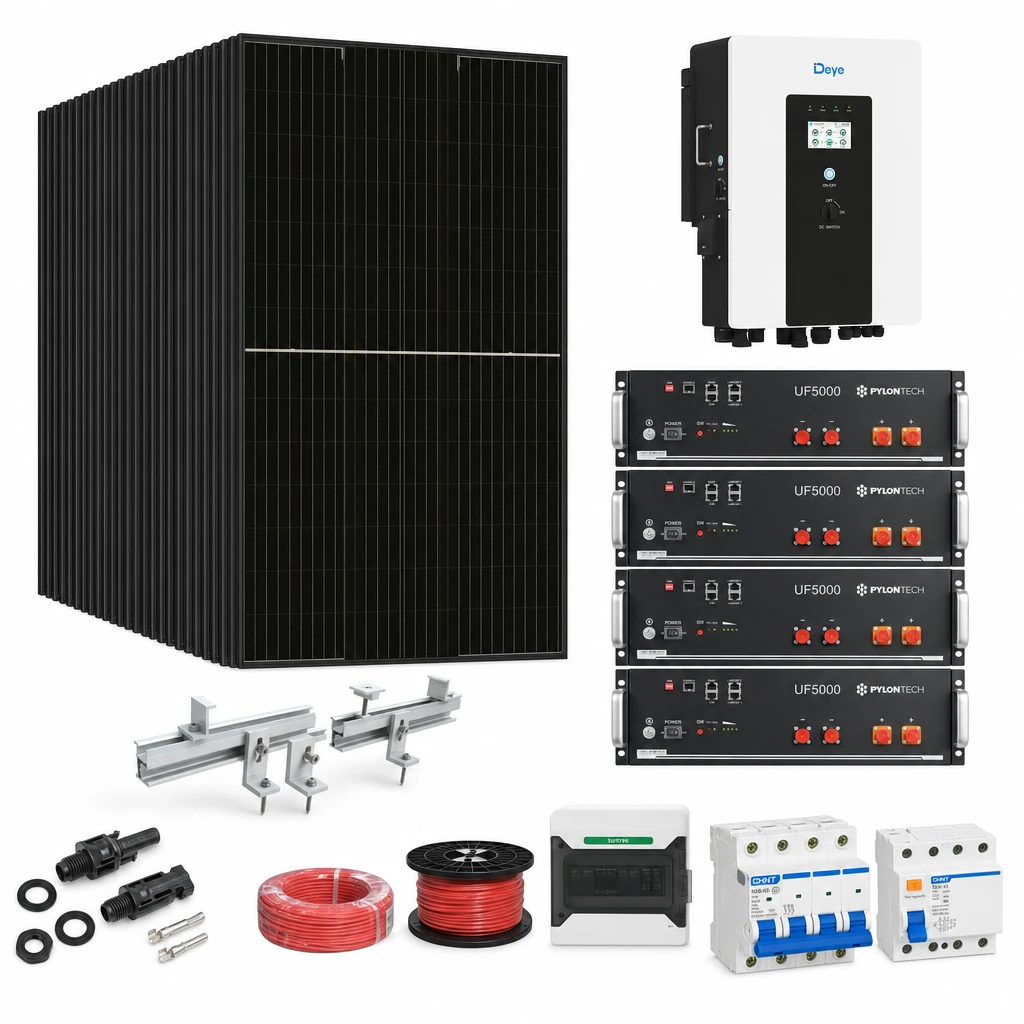 38 Panel solar 580 W, 1 Inversor híbrido 20 kW trifásico, 4 Batería de litio 5,12 kWh, 10 Estructura de aluminio coplanar sobre chapa (kit de 4 paneles), 1 50 pares de conectores MC4, 1 Cable Solar Slocable 6mm2, 1 Cable Solar Slocable 6mm2, 1 Caja de combinación 2 entradas 1 salida 500V con descargador de sobretensiones de CC Tipo II, 1 Int. Termomagnético CHINT NXB-63, In:40A, Icn:6kA, Curva C, 4-polos (3 unidades x caja), 1 Disyuntor Tetrapolar CHINT NXL, 40A