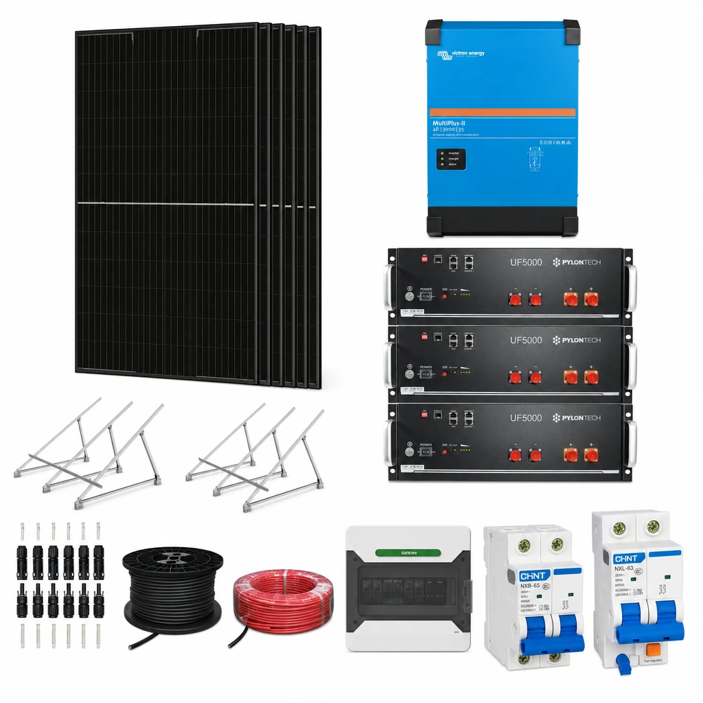6 Panel solar 580 W, 1 Inversor híbrido 3 kW monofásico, 4 Batería de litio 5,12 kWh, 2 Estructura de aluminio triangular 15–30° (kit de 4 paneles), 1 5 pares de conectores MC4, 1 Cable Solar Slocable 6mm2, 1 Cable Solar Slocable 6mm2, 1 Caja de combinación 2 entradas 1 salida 500V con descargador de sobretensiones de CC Tipo II, 1 Int. Termomagnético CHINT NXB-63, In:25A, Icn:6kA, Curva C, 2-polos (6 unidades x caja), 1 Disyuntor Bipolar CHINT NXL, 25A