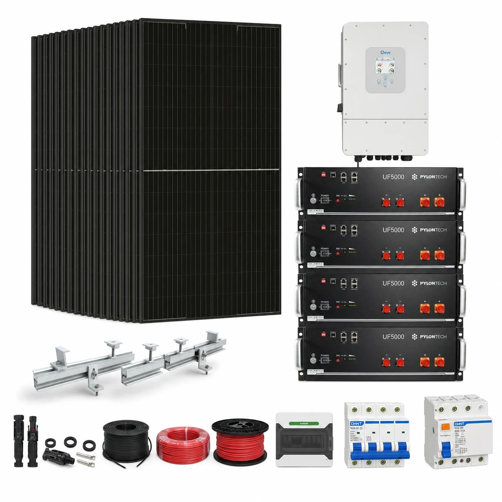 19 Panel solar 580 W, 1 Inversor híbrido 10 kW trifásico, 4 Batería de litio 5,12 kWh, 5 Estructura de aluminio coplanar sobre chapa (kit de 4 paneles), 1 10 pares de conectores MC4, 1 Cable Solar Slocable 6mm2, 1 Cable Solar Slocable 6mm2, 1 Caja de combinación 2 entradas 1 salida 500V con descargador de sobretensiones de CC Tipo II, 1 Int. Termomagnético CHINT NXB-63, In:25A, Icn:6kA, Curva C, 4-polos (3 unidades x caja), 1 Disyuntor Tetrapolar CHINT NXL, 25A