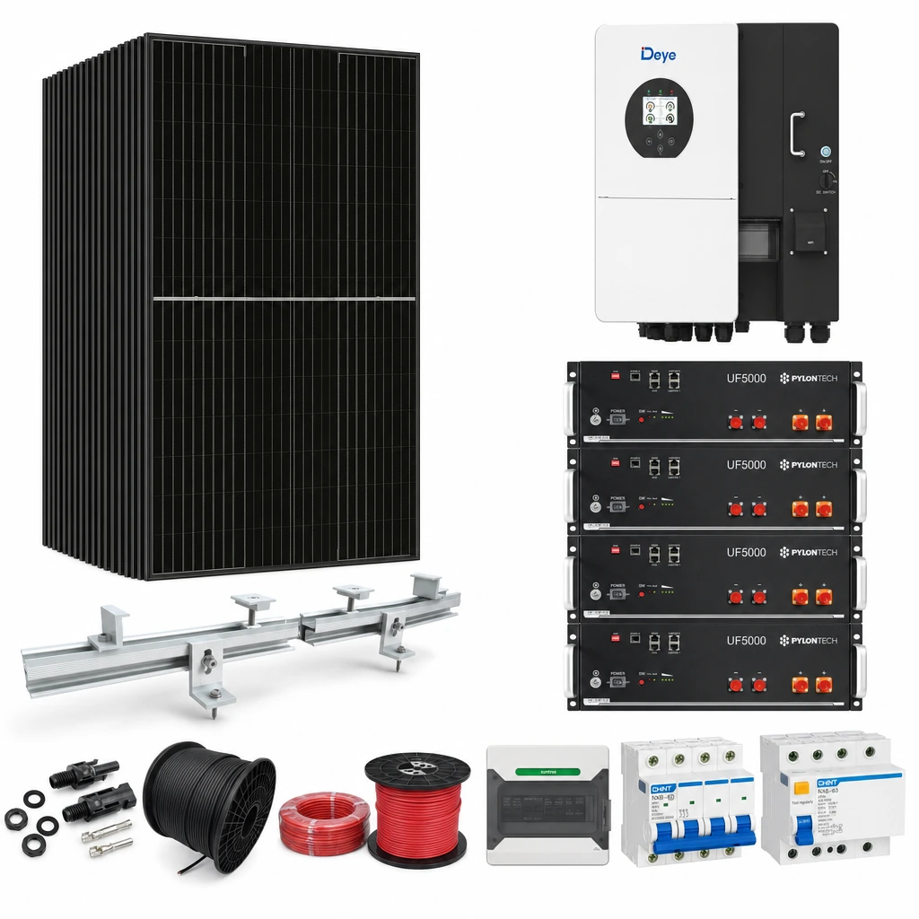 28 Panel solar 580 W, 1 Inversor híbrido 15 kW trifásico, 4 Batería de litio 5,12 kWh, 7 Estructura de aluminio coplanar sobre chapa (kit de 4 paneles), 1 50 pares de conectores MC4, 1 Cable Solar Slocable 6mm2, 1 Cable Solar Slocable 6mm2, 1 Caja de combinación 2 entradas 1 salida 500V con descargador de sobretensiones de CC Tipo II, 1 Int. Termomagnético CHINT NXB-63, In:32A, Icn:6kA, Curva C, 4-polos (3 unidades x caja), 1 Disyuntor Tetrapolar CHINT NXL, 40A
