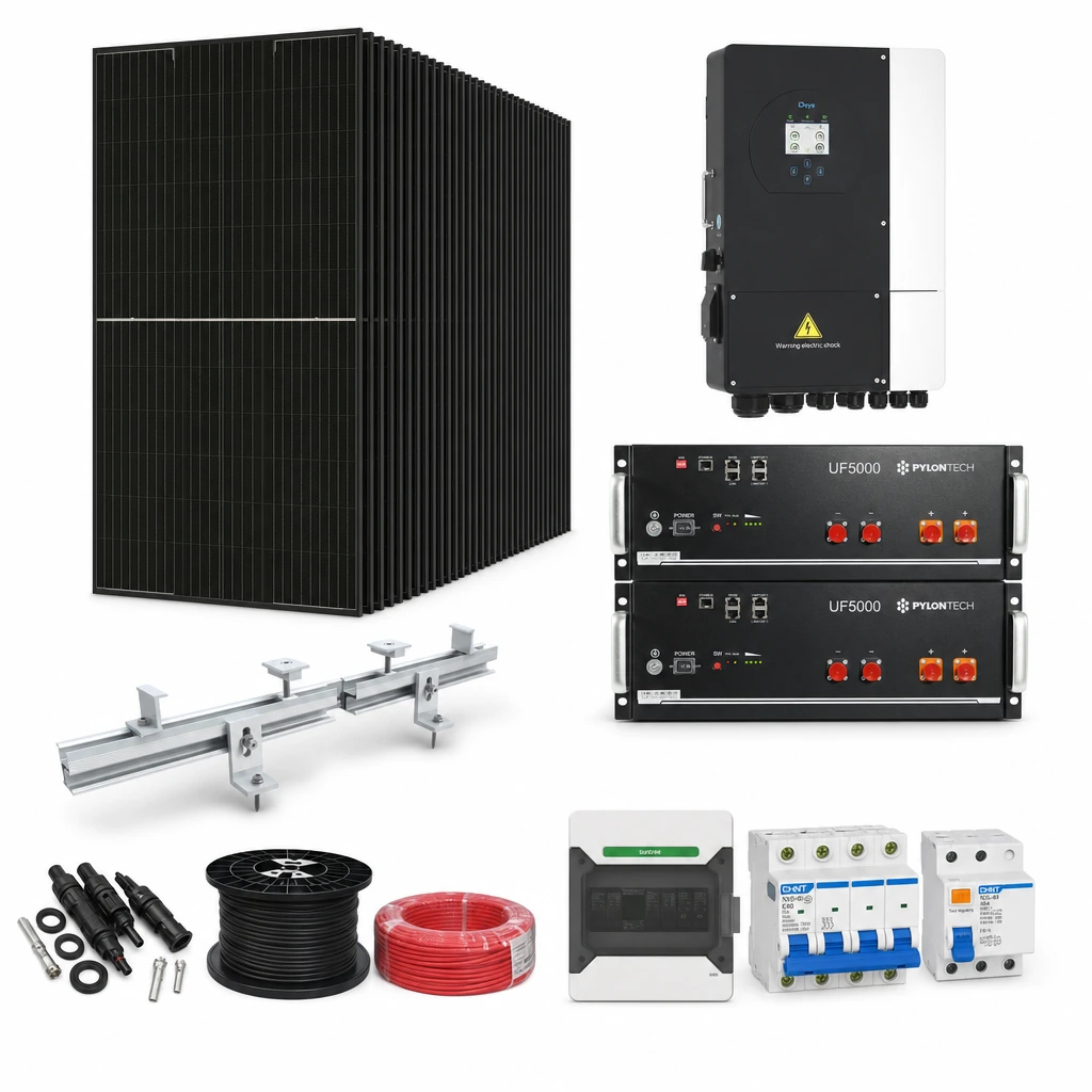 38 Panel solar 580 W, 1 Inversor híbrido 20 kW trifásico, 2 Batería de litio 5,12 kWh, 10 Estructura de aluminio coplanar sobre chapa (kit de 4 paneles), 1 50 pares de conectores MC4, 1 Cable Solar Slocable 6mm2, 1 Cable Solar Slocable 6mm2, 1 Caja de combinación 2 entradas 1 salida 500V con descargador de sobretensiones de CC Tipo II, 1 Int. Termomagnético CHINT NXB-63, In:40A, Icn:6kA, Curva C, 4-polos (3 unidades x caja), 1 Disyuntor Tetrapolar CHINT NXL, 40A