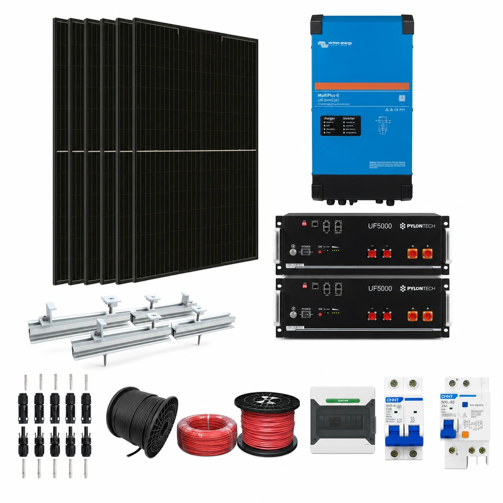 6 Panel solar 580 W, 1 Inversor híbrido 3 kW monofásico, 2 Batería de litio 5,12 kWh, 2 Estructura de aluminio coplanar sobre chapa (kit de 4 paneles), 1 5 pares de conectores MC4, 1 Cable Solar Slocable 6mm2, 1 Cable Solar Slocable 6mm2, 1 Caja de combinación 2 entradas 1 salida 500V con descargador de sobretensiones de CC Tipo II, 1 Int. Termomagnético CHINT NXB-63, In:25A, Icn:6kA, Curva C, 2-polos (6 unidades x caja), 1 Disyuntor Bipolar CHINT NXL, 25A