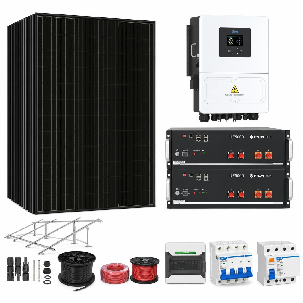 28 Panel solar 580 W, 1 Inversor híbrido 15 kW trifásico, 2 Batería de litio 5,12 kWh, 7 Estructura de aluminio triangular 15–30° (kit de 4 paneles), 1 50 pares de conectores MC4, 1 Cable Solar Slocable 6mm2, 1 Cable Solar Slocable 6mm2, 1 Caja de combinación 2 entradas 1 salida 500V con descargador de sobretensiones de CC Tipo II, 1 Int. Termomagnético CHINT NXB-63, In:32A, Icn:6kA, Curva C, 4-polos (3 unidades x caja), 1 Disyuntor Tetrapolar CHINT NXL, 40A