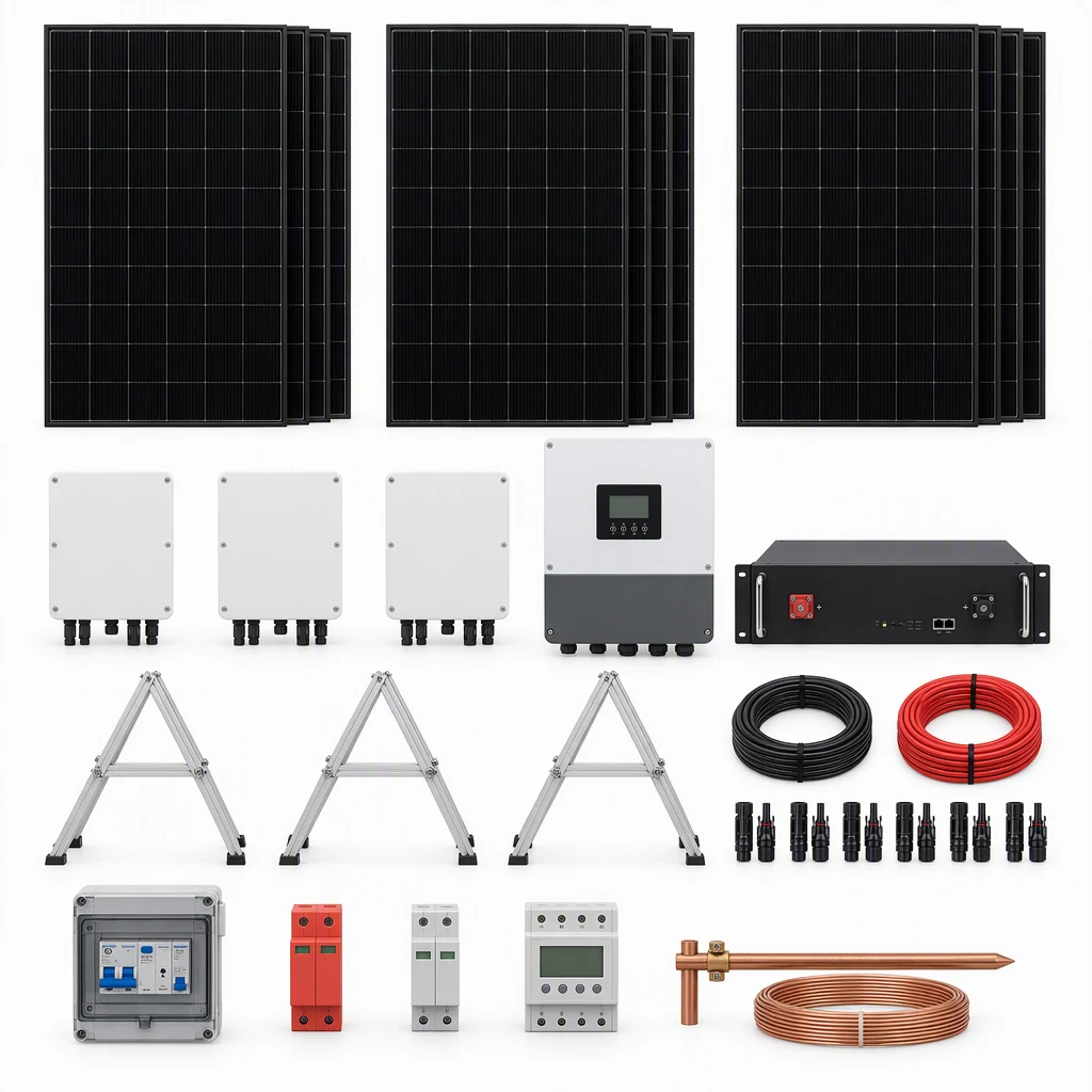 12 Módulo fotovoltaico monocristalino 550 Wp, 144 celdas, 2279×1134×35, 3 Inversor on-grid monofásico 3 kW, 1 MPPT, WiFi, 1 Inversor híbrido monofásico 5 kW, 2 MPPT, 1 Batería de litio LiFePO4 48 V, 5,12 kWh, 6.000 ciclos