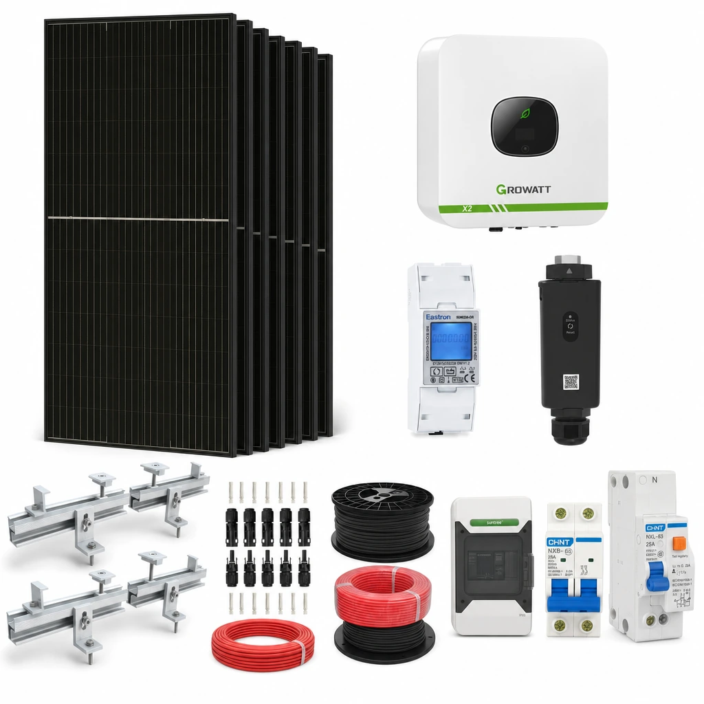6 Panel solar 580 W, 1 Inversor de red 3 kW monofásico, 2 Estructura de aluminio coplanar sobre chapa (kit de 4 paneles), 1 Medidor de inyección monofásico, 1 Monitoreo wifi, 1 5 pares de conectores MC4, 1 Cable Solar Slocable 6mm2, 1 Cable Solar Slocable 6mm2, 1 Caja de combinación 2 entradas 1 salida 500V con descargador de sobretensiones de CC Tipo II, 1 Int. Termomagnético CHINT NXB-63, In:25A, Icn:6kA, Curva C, 2-polos (6 unidades x caja), 1 Disyuntor Bipolar CHINT NXL, 25A