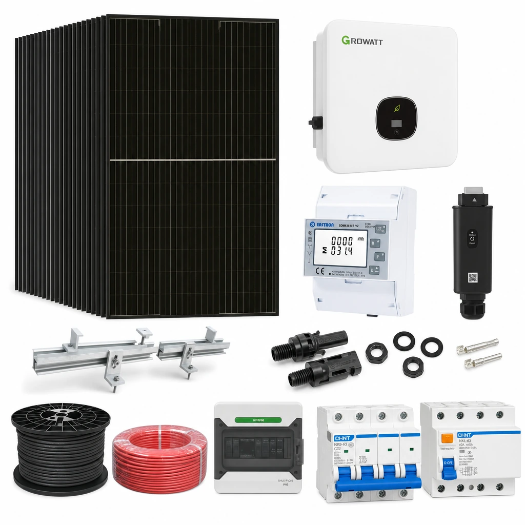 28 Panel solar 580 W, 1 Inversor de red 15 kW trifásico, 7 Estructura de aluminio coplanar sobre chapa (kit de 4 paneles), 1 Medidor de inyección trifásico, 1 Monitoreo wifi, 1 50 pares de conectores MC4, 1 Cable Solar Slocable 6mm2, 1 Cable Solar Slocable 6mm2, 1 Caja de combinación 2 entradas 1 salida 500V con descargador de sobretensiones de CC Tipo II, 1 Int. Termomagnético CHINT NXB-63, In:32A, Icn:6kA, Curva C, 4-polos (3 unidades x caja), 1 Disyuntor Tetrapolar CHINT NXL, 40A