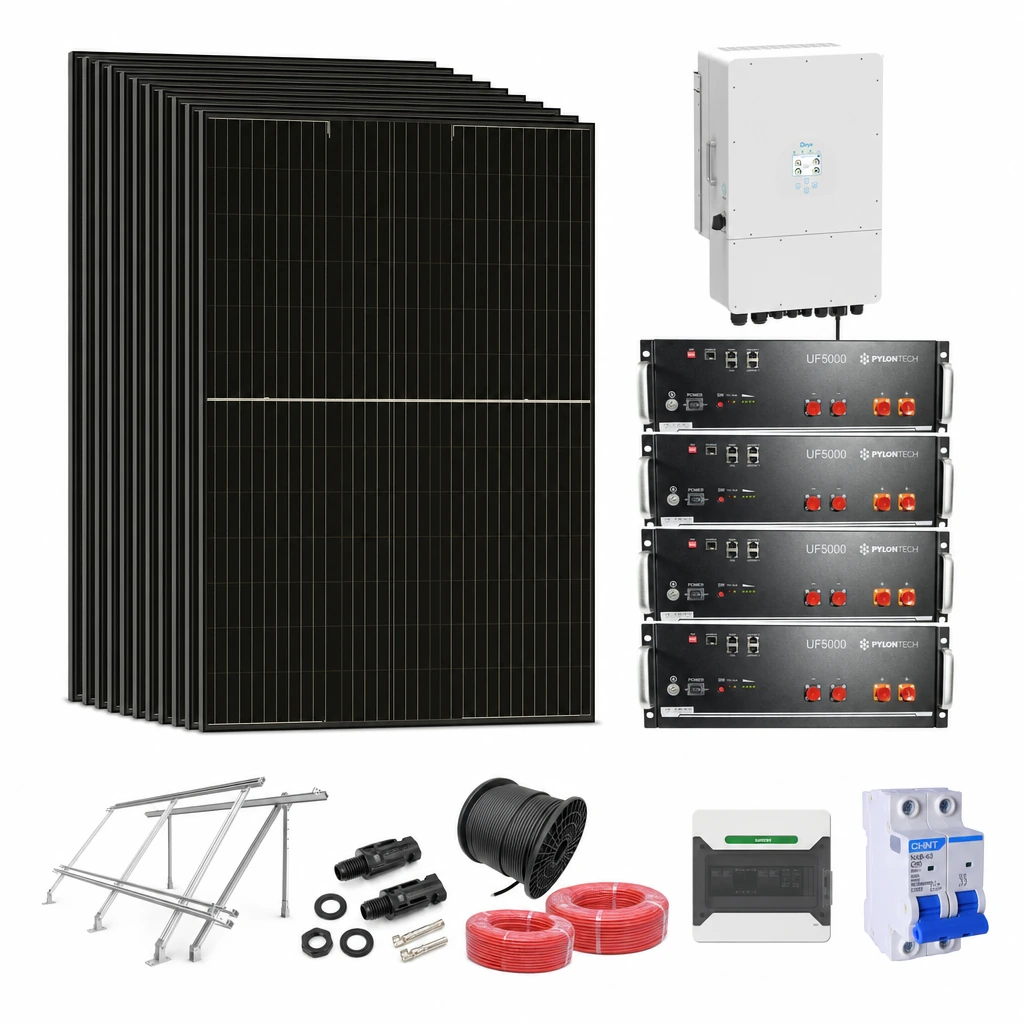 15 Panel solar 580 W, 1 Inversor híbrido 8 kW monofásico, 4 Batería de litio 5,12 kWh, 4 Estructura de aluminio triangular 15–30° (kit de 4 paneles), 1 10 pares de conectores MC4, 1 Cable Solar Slocable 6mm2, 1 Cable Solar Slocable 6mm2, 1 Caja de combinación 2 entradas 1 salida 500V con descargador de sobretensiones de CC Tipo II, 1 Int. Termomagnético CHINT NXB-63, In:50A, Icn:6kA, Curva C, 2-polos (6 unidades x caja)