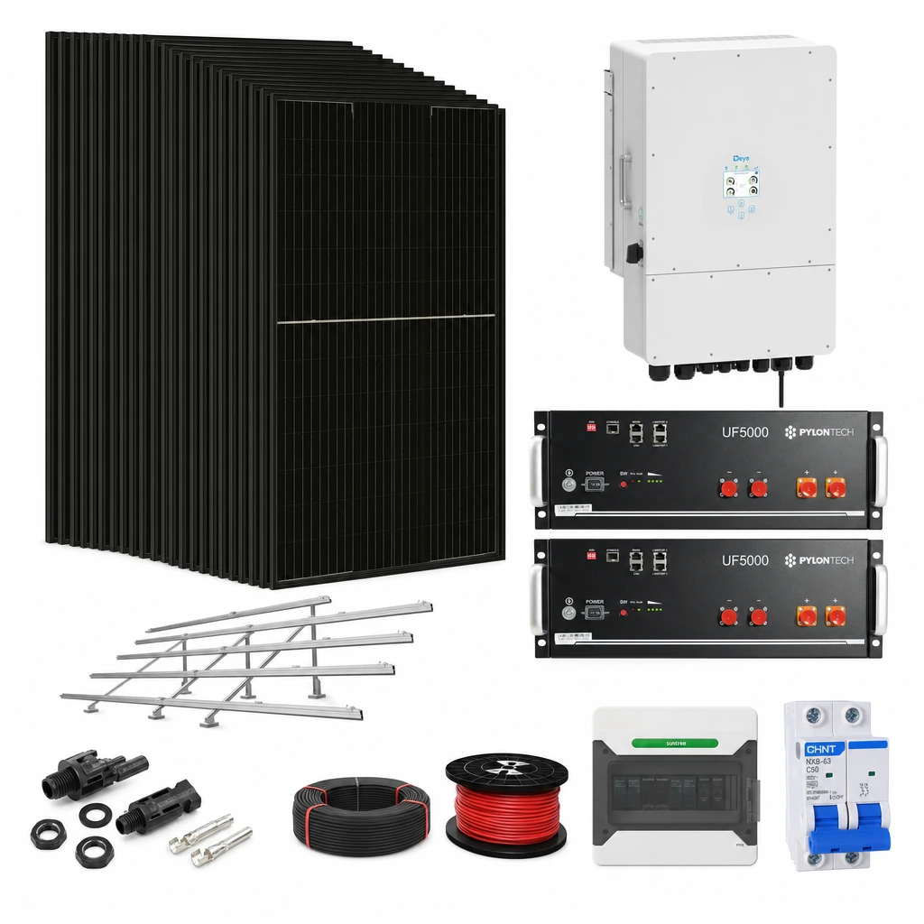 15 Panel solar 580 W, 1 Inversor híbrido 8 kW monofásico, 2 Batería de litio 5,12 kWh, 4 Estructura de aluminio triangular 15–30° (kit de 4 paneles), 1 10 pares de conectores MC4, 1 Cable Solar Slocable 6mm2, 1 Cable Solar Slocable 6mm2, 1 Caja de combinación 2 entradas 1 salida 500V con descargador de sobretensiones de CC Tipo II, 1 Int. Termomagnético CHINT NXB-63, In:50A, Icn:6kA, Curva C, 2-polos (6 unidades x caja)