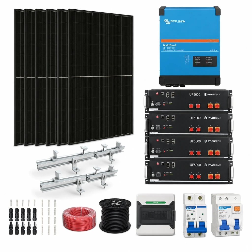 6 Panel solar 580 W, 1 Inversor híbrido 3 kW monofásico, 4 Batería de litio 5,12 kWh, 2 Estructura de aluminio coplanar sobre chapa (kit de 4 paneles), 1 5 pares de conectores MC4, 1 Cable Solar Slocable 6mm2, 1 Cable Solar Slocable 6mm2, 1 Caja de combinación 2 entradas 1 salida 500V con descargador de sobretensiones de CC Tipo II, 1 Int. Termomagnético CHINT NXB-63, In:25A, Icn:6kA, Curva C, 2-polos (6 unidades x caja), 1 Disyuntor Bipolar CHINT NXL, 25A