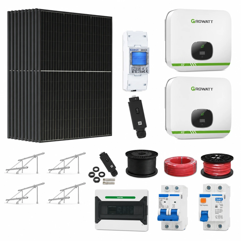 15 Panel solar 580 W, 2 Inversor de red 6 kW monofásico, 4 Estructura de aluminio triangular 15–30° (kit de 4 paneles), 1 Medidor de inyección monofásico, 1 Monitoreo wifi, 1 10 pares de conectores MC4, 1 Cable Solar Slocable 6mm2, 1 Cable Solar Slocable 6mm2, 1 Caja de combinación 2 entradas 1 salida 500V con descargador de sobretensiones de CC Tipo II, 1 Int. Termomagnético CHINT NXB-63, In:40A, Icn:6kA, Curva C, 2-polos (6 unidades x caja), 1 Disyuntor Bipolar CHINT NXL, 40A