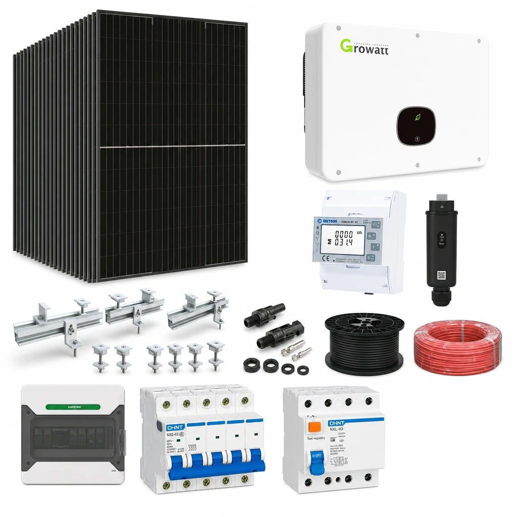 38 Panel solar 580 W, 1 Inversor de red 20 kW trifásico, 10 Estructura de aluminio coplanar sobre chapa (kit de 4 paneles), 1 Medidor de inyección trifásico, 1 Monitoreo wifi, 1 50 pares de conectores MC4, 1 Cable Solar Slocable 6mm2, 1 Cable Solar Slocable 6mm2, 1 Caja de combinación 2 entradas 1 salida 500V con descargador de sobretensiones de CC Tipo II, 1 Int. Termomagnético CHINT NXB-63, In:40A, Icn:6kA, Curva C, 4-polos (3 unidades x caja), 1 Disyuntor Tetrapolar CHINT NXL, 40A