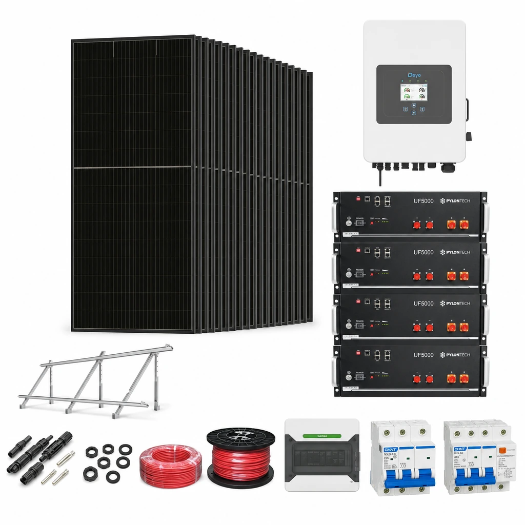 19 Panel solar 580 W, 1 Inversor híbrido 10 kW trifásico, 4 Batería de litio 5,12 kWh, 5 Estructura de aluminio triangular 15–30° (kit de 4 paneles), 1 10 pares de conectores MC4, 1 Cable Solar Slocable 6mm2, 1 Cable Solar Slocable 6mm2, 1 Caja de combinación 2 entradas 1 salida 500V con descargador de sobretensiones de CC Tipo II, 1 Int. Termomagnético CHINT NXB-63, In:25A, Icn:6kA, Curva C, 4-polos (3 unidades x caja), 1 Disyuntor Tetrapolar CHINT NXL, 25A