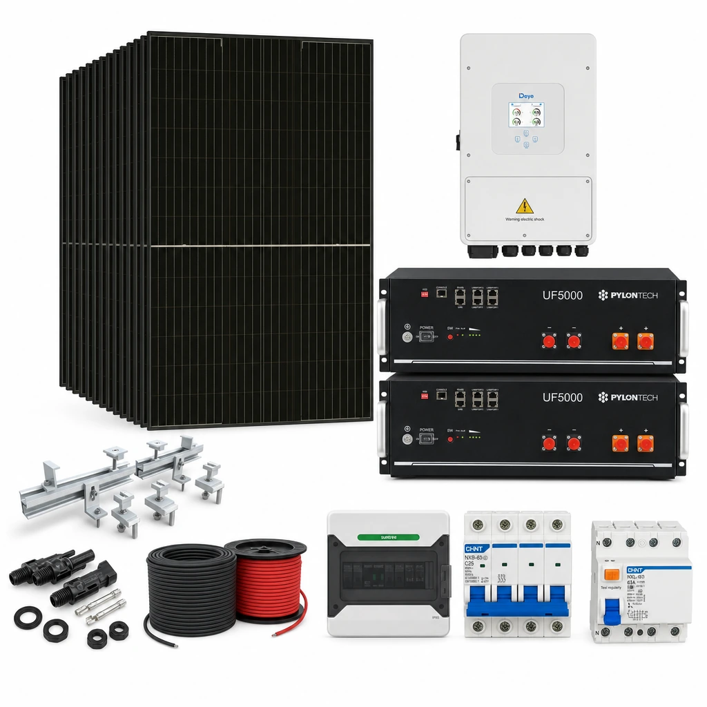 19 Panel solar 580 W, 1 Inversor híbrido 10 kW trifásico, 2 Batería de litio 5,12 kWh, 5 Estructura de aluminio coplanar sobre chapa (kit de 4 paneles), 1 10 pares de conectores MC4, 1 Cable Solar Slocable 6mm2, 1 Cable Solar Slocable 6mm2, 1 Caja de combinación 2 entradas 1 salida 500V con descargador de sobretensiones de CC Tipo II, 1 Int. Termomagnético CHINT NXB-63, In:25A, Icn:6kA, Curva C, 4-polos (3 unidades x caja), 1 Disyuntor Tetrapolar CHINT NXL, 25A
