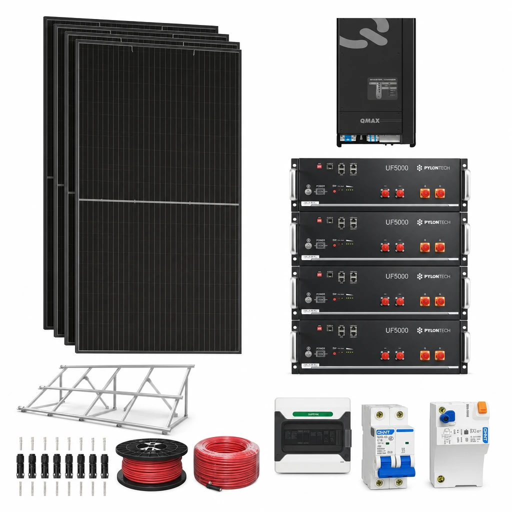 4 Panel solar 580 W, 1 Inversor híbrido 2 kW monofásico, 4 Batería de litio 5,12 kWh, 1 Estructura de aluminio triangular 15–30° (kit de 4 paneles), 1 5 pares de conectores MC4, 1 Cable Solar Slocable 6mm2, 1 Cable Solar Slocable 6mm2, 1 Caja de combinación 2 entradas 1 salida 500V con descargador de sobretensiones de CC Tipo II, 1 Int. Termomagnético CHINT NXB-63, In:16A, Icn:6kA, Curva C, 2-polos (6 unidades x caja), 1 Disyuntor Bipolar CHINT NXL, 25A