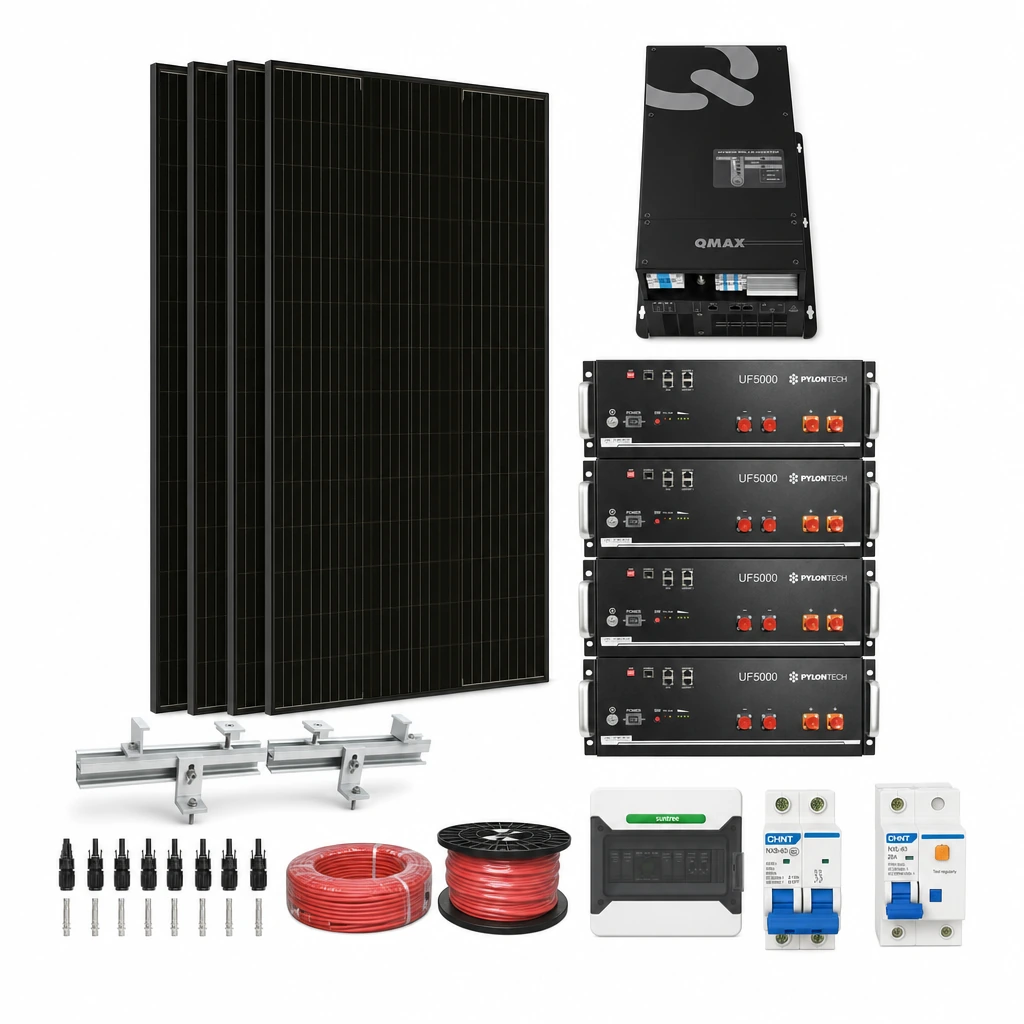 4 Panel solar 580 W, 1 Inversor híbrido 2 kW monofásico, 4 Batería de litio 5,12 kWh, 1 Estructura de aluminio coplanar sobre chapa (kit de 4 paneles), 1 5 pares de conectores MC4, 1 Cable Solar Slocable 6mm2, 1 Cable Solar Slocable 6mm2, 1 Caja de combinación 2 entradas 1 salida 500V con descargador de sobretensiones de CC Tipo II, 1 Int. Termomagnético CHINT NXB-63, In:16A, Icn:6kA, Curva C, 2-polos (6 unidades x caja), 1 Disyuntor Bipolar CHINT NXL, 25A