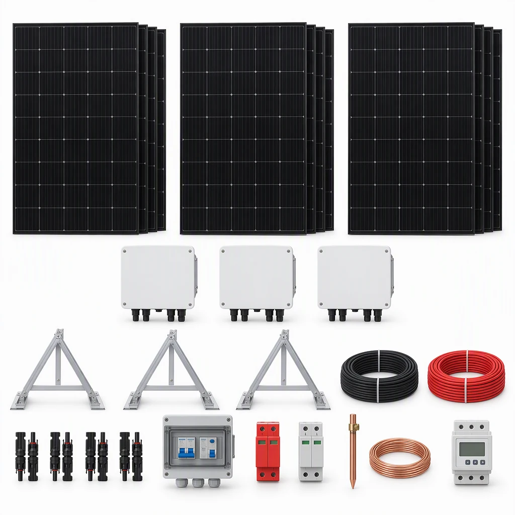 12 Módulo fotovoltaico monocristalino 550 Wp, 144 celdas, 2279×1134×35, 3 Inversor on-grid monofásico 3 kW, 1 MPPT, WiFi