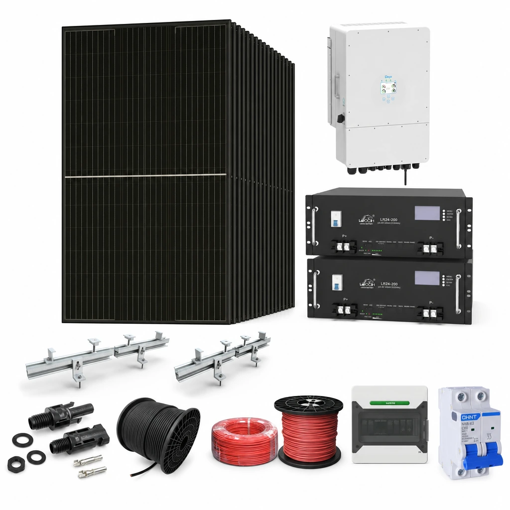 15 Panel solar 580 W, 1 Inversor híbrido 8 kW monofásico, 2 Batería de litio 5,12 kWh, 4 Estructura de aluminio coplanar sobre chapa (kit de 4 paneles), 1 10 pares de conectores MC4, 1 Cable Solar Slocable 6mm2, 1 Cable Solar Slocable 6mm2, 1 Caja de combinación 2 entradas 1 salida 500V con descargador de sobretensiones de CC Tipo II, 1 Int. Termomagnético CHINT NXB-63, In:50A, Icn:6kA, Curva C, 2-polos (6 unidades x caja)