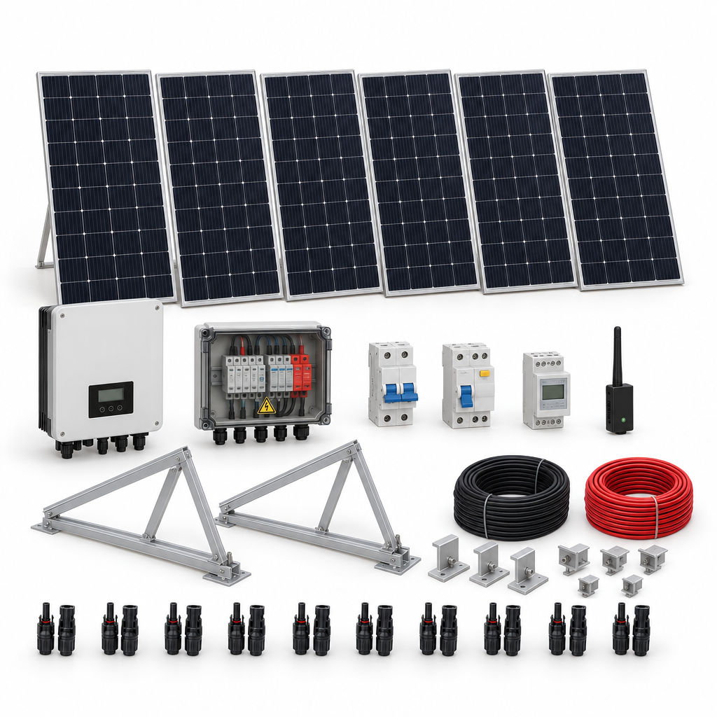 6 Panel solar 580 W, 1 Inversor de red 3 kW monofásico, 2 Estructura de aluminio triangular 15–30° (kit de 4 paneles), 1 Medidor de inyección monofásico, 1 Monitoreo wifi, 1 5 pares de conectores MC4, 1 Cable Solar Slocable 6mm2, 1 Cable Solar Slocable 6mm2, 1 Caja de combinación 2 entradas 1 salida 500V con descargador de sobretensiones de CC Tipo II, 1 Int. Termomagnético CHINT NXB-63, In:25A, Icn:6kA, Curva C, 2-polos (6 unidades x caja), 1 Disyuntor Bipolar CHINT NXL, 25A