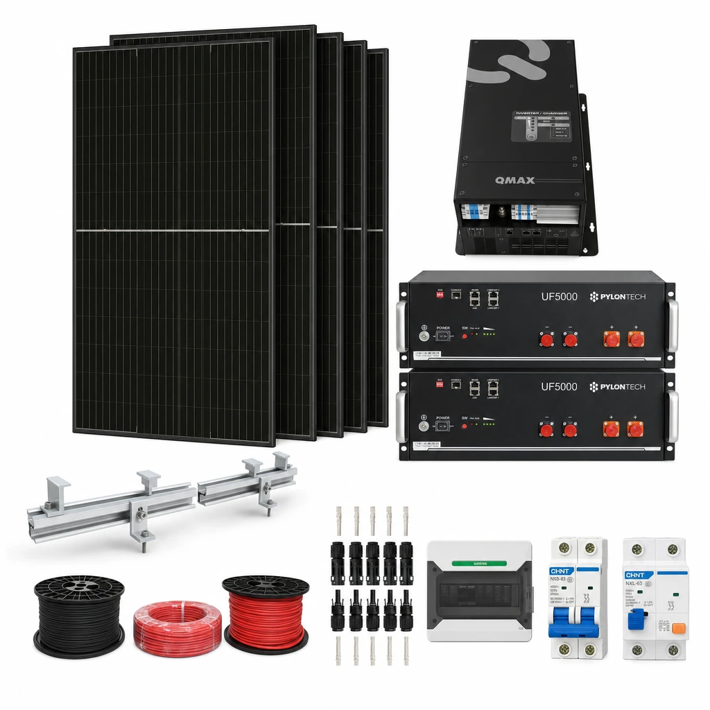 4 Panel solar 580 W, 1 Inversor híbrido 2 kW monofásico, 2 Batería de litio 5,12 kWh, 1 Estructura de aluminio coplanar sobre chapa (kit de 4 paneles), 1 5 pares de conectores MC4, 1 Cable Solar Slocable 6mm2, 1 Cable Solar Slocable 6mm2, 1 Caja de combinación 2 entradas 1 salida 500V con descargador de sobretensiones de CC Tipo II, 1 Int. Termomagnético CHINT NXB-63, In:16A, Icn:6kA, Curva C, 2-polos (6 unidades x caja), 1 Disyuntor Bipolar CHINT NXL, 25A