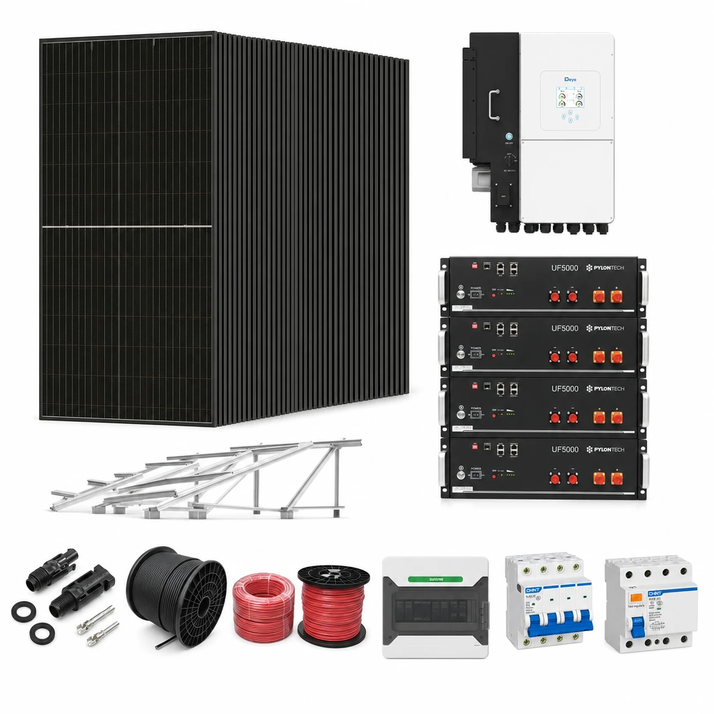 38 Panel solar 580 W, 1 Inversor híbrido 20 kW trifásico, 4 Batería de litio 5,12 kWh, 10 Estructura de aluminio triangular 15–30° (kit de 4 paneles), 1 50 pares de conectores MC4, 1 Cable Solar Slocable 6mm2, 1 Cable Solar Slocable 6mm2, 1 Caja de combinación 2 entradas 1 salida 500V con descargador de sobretensiones de CC Tipo II, 1 Int. Termomagnético CHINT NXB-63, In:40A, Icn:6kA, Curva C, 4-polos (3 unidades x caja), 1 Disyuntor Tetrapolar CHINT NXL, 40A