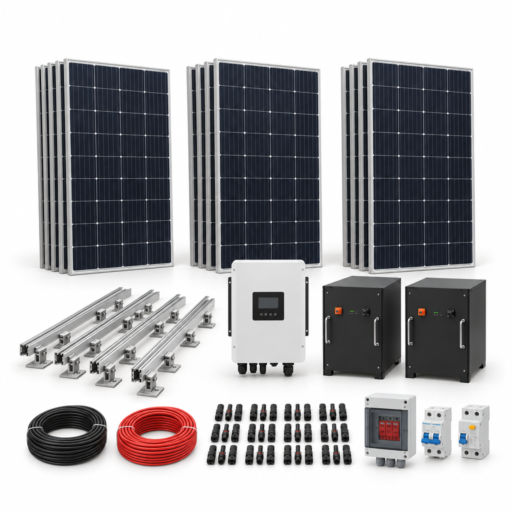 15 Panel solar 580 W, 1 Inversor híbrido 8 kW monofásico, 2 Batería de litio 5,12 kWh, 4 Estructura de aluminio coplanar sobre chapa (kit de 4 paneles), 1 10 pares de conectores MC4, 1 Cable Solar Slocable 6mm2, 1 Cable Solar Slocable 6mm2, 1 Caja de combinación 2 entradas 1 salida 500V con descargador de sobretensiones de CC Tipo II, 1 Int. Termomagnético CHINT NXB-63, In:50A, Icn:6kA, Curva C, 2-polos (6 unidades x caja)