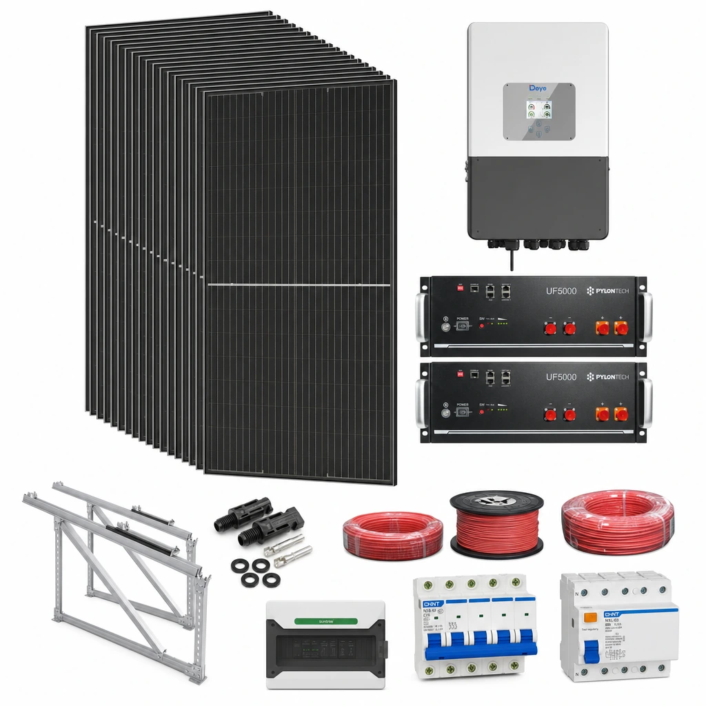 19 Panel solar 580 W, 1 Inversor híbrido 10 kW trifásico, 2 Batería de litio 5,12 kWh, 5 Estructura de aluminio triangular 15–30° (kit de 4 paneles), 1 10 pares de conectores MC4, 1 Cable Solar Slocable 6mm2, 1 Cable Solar Slocable 6mm2, 1 Caja de combinación 2 entradas 1 salida 500V con descargador de sobretensiones de CC Tipo II, 1 Int. Termomagnético CHINT NXB-63, In:25A, Icn:6kA, Curva C, 4-polos (3 unidades x caja), 1 Disyuntor Tetrapolar CHINT NXL, 25A